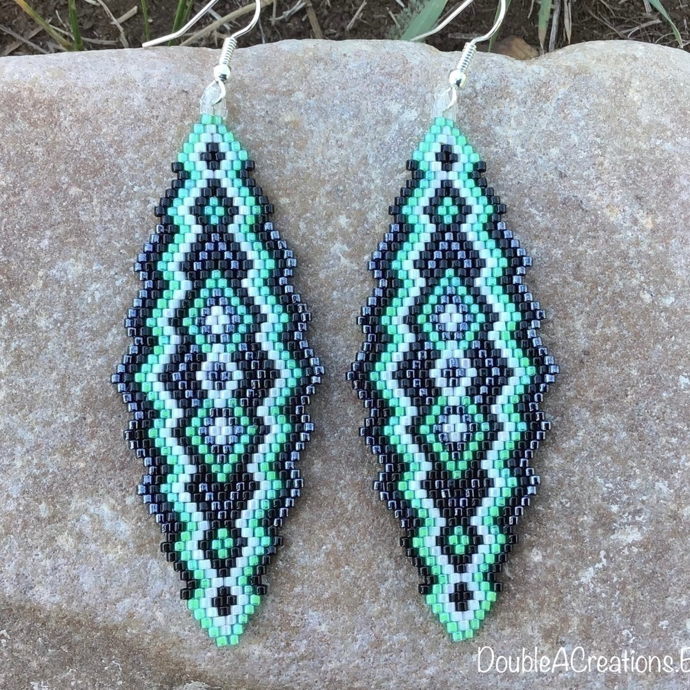 Mint Green, Black and Gunmetal Southwest Beaded Earrings, New, Handmade by Me - Picture 1 of 7